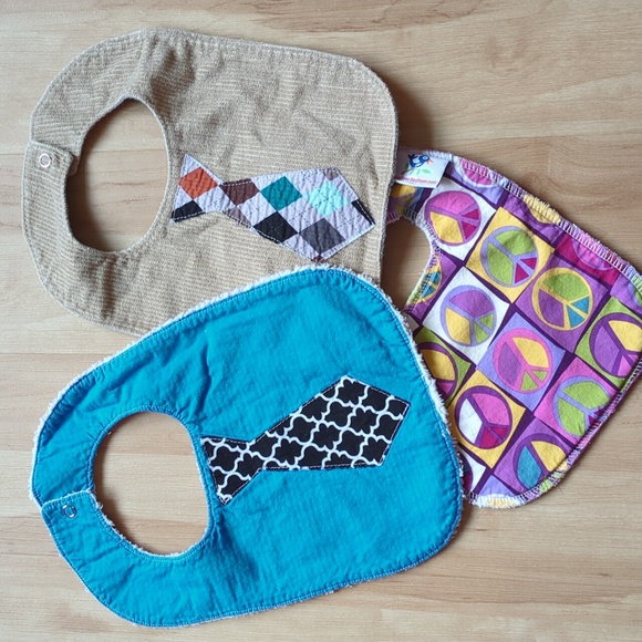 3 Handmade Bibs, tie, peace sign, soft, bundle homemade cotton baby bib gift set - Picture 1 of 10